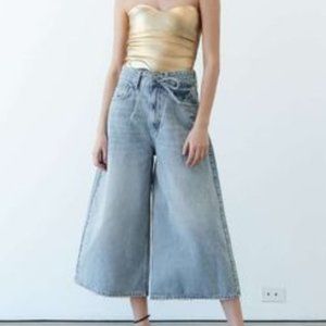 Zara High Waist Culotte Jeans with Waist Tie in Beach Blue